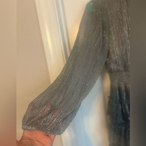 1 State Metallic Smocked Dress Mock Neck Tiered Ruffle Dress | small - Picture 3 of 6